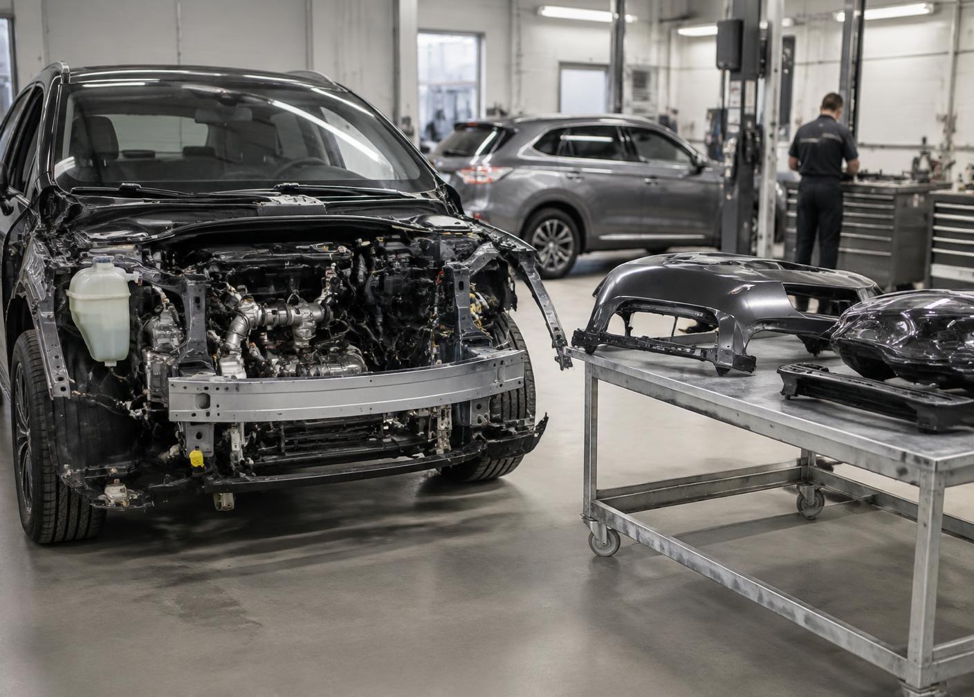 Vehicle being stripped for accident repair with replacement panels laid out