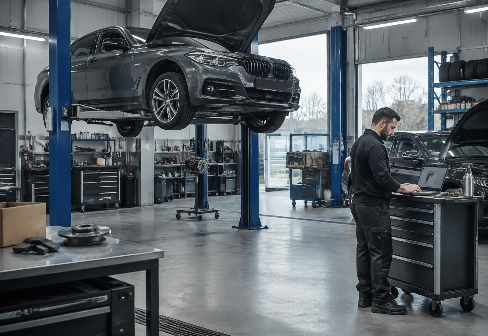 Technician checking parts details on a laptop in a busy vehicle workshop